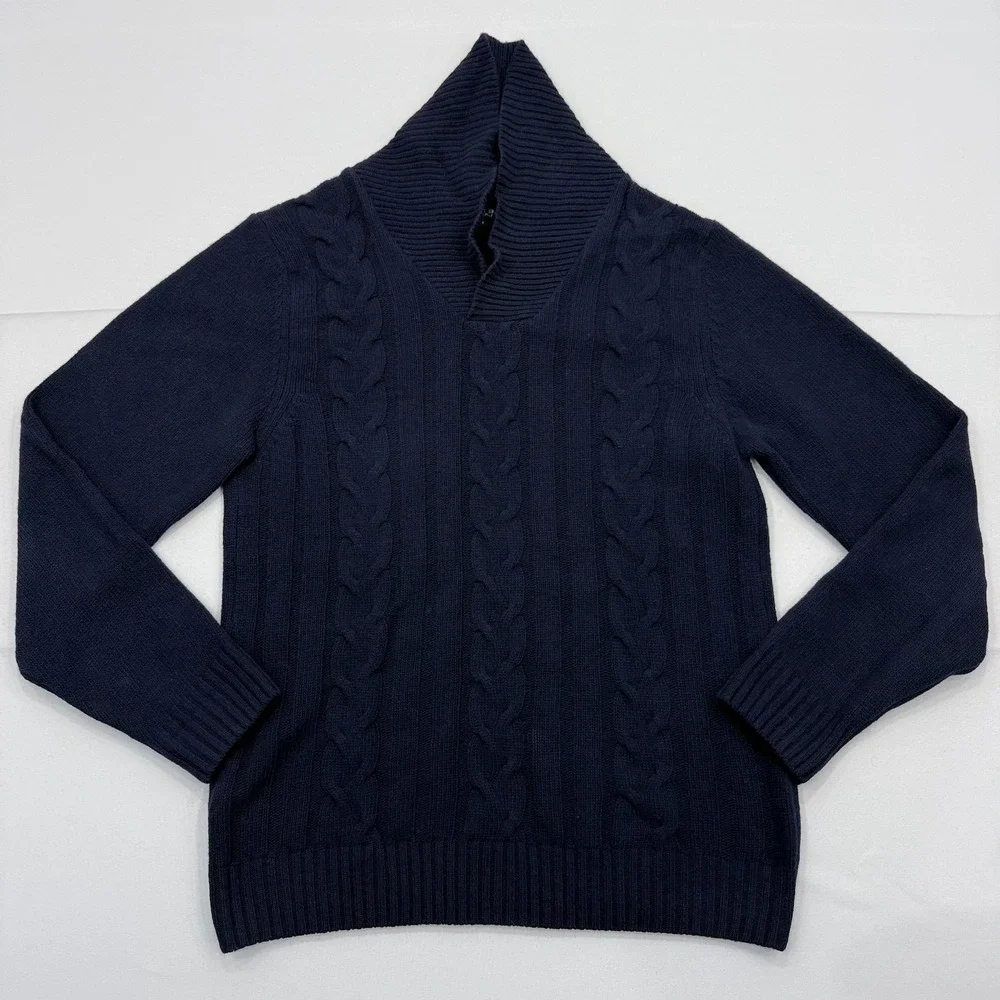Daniele Blasi Wool Cable Knit Sweater Mens Small Shawl Collar Made in Italy Blue
